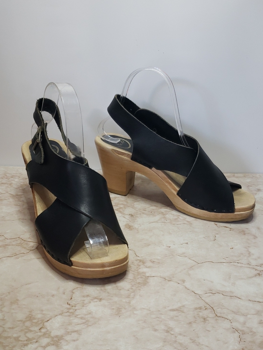 No. 6  Women's Black Leather Crossover Slingback Platsform  Heels Size 39